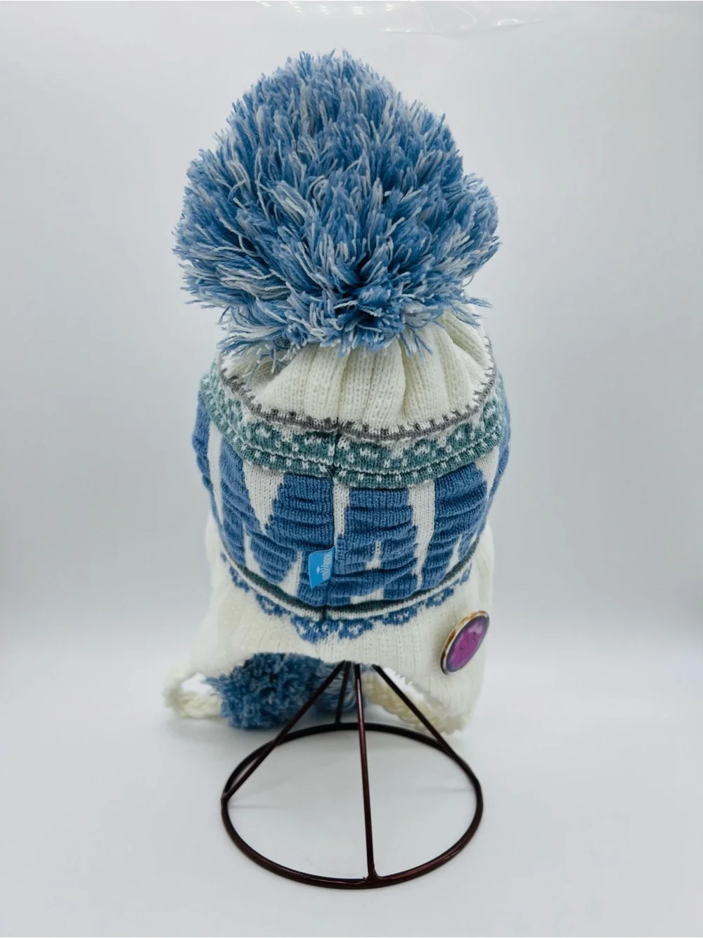 Robin Ruth Light Blue and White Pom-Pom Sherpa Earflap Hat “Amsterdam” One Size